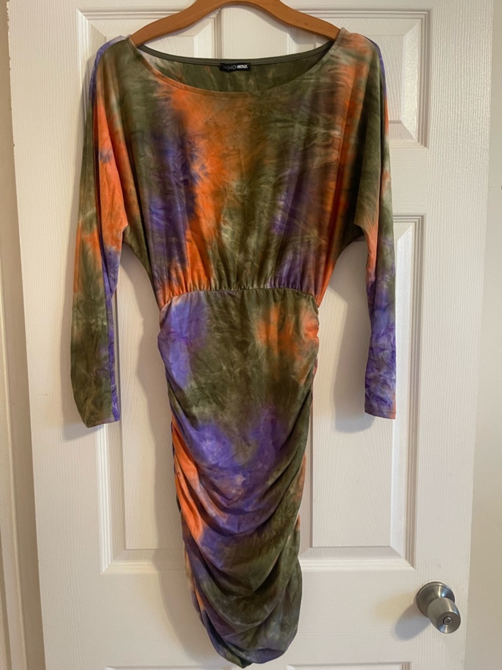 Fashion Nova Olive Green Orange & Purple Tie-Dye Ruched Long Sleeve Dress